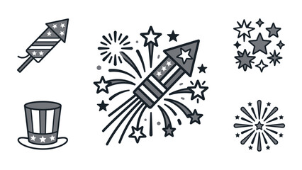 American Fireworks Celebration Icons Set: Rockets, Stars, Top Hat © Gondrong Jins