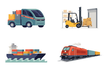 Cargo Truck Forklift Ship And Train A Vector Illustration Set © Ariful IBS