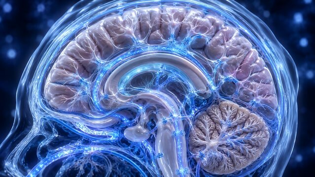 Healthy Human Glymphatic System with Normal Cerebrospinal Fluid Circulation, Brain Waste Clearance and Neurovascular Homeostasis, Medical Illustration