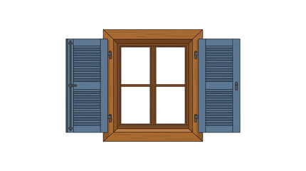 Obraz premium Classic wooden window with open blue shutters illustration