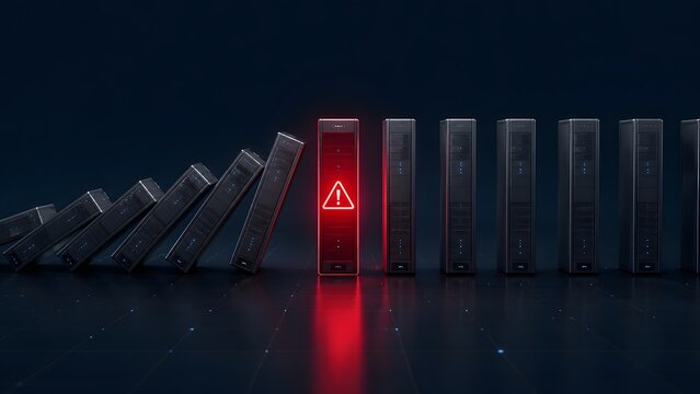 Server racks falling like dominoes stopped by glowing red server block illustrating data center disaster recovery and IT network risk