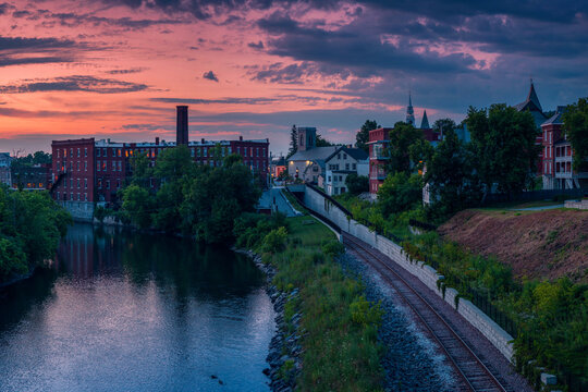 Middlebury downtown night skyline after sunset at twilight in Addison County, Vermont, USA