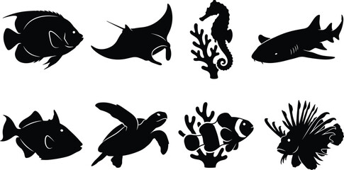Marine Animal Silhouette Collection Featuring Tropical Fish Shark Turtle and Seahorse Ocean Wildlife Set © Miss