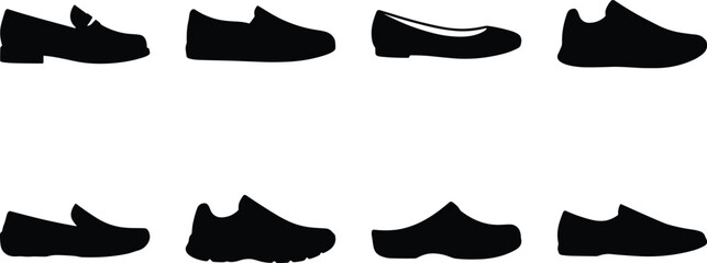Obraz premium Casual Shoes Silhouette Collection with Loafers Sneakers Flats and Slip On Footwear Vector Set