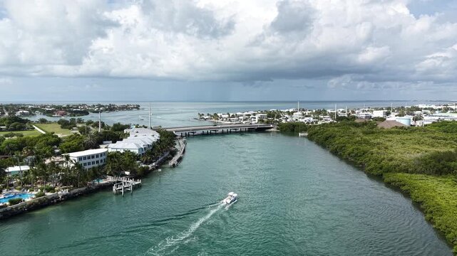 Aerial view of a fishing boat heading through the Vaca Cut channel at Marathon in Florida Keys