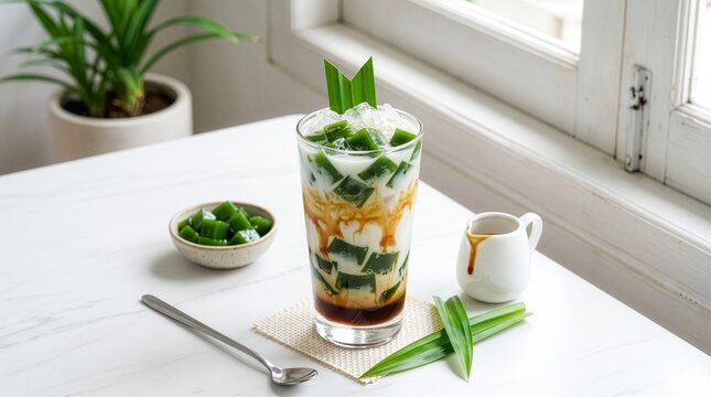 Iced Balinese Es Daluman Green Grass Jelly Drink With Coconut Milk And Palm Sugar In Tall Glass