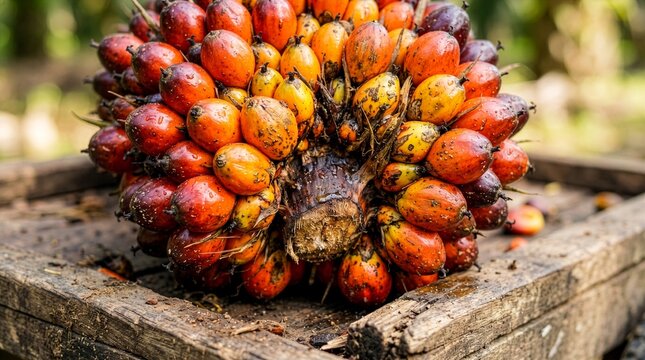Fresh Palm Oil Fruit Bunch Tandan Buah Segar On Wooden Crate In Plantation