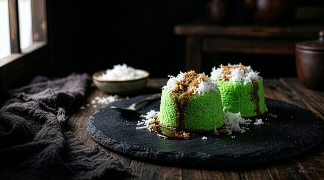 Traditional Indonesian Kue Putu Ayu Pandan Steamed Rice Cake With Grated Coconut Topping