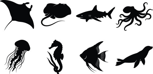 Marine Animal Silhouette Collection Featuring Ocean Wildlife Vector Icons Isolated on White Background for Nature Design © Onik