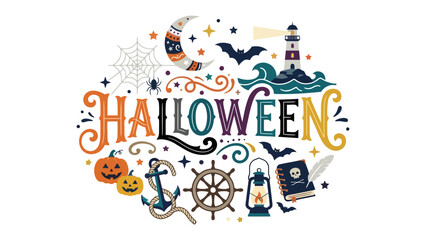 Halloween Celebration Elements: A whimsical illustration featuring the word HALLOWEEN surrounded by iconic symbols of the holiday, including a pumpkin, spiderweb, bats, moon, and lighthouse. © Halima