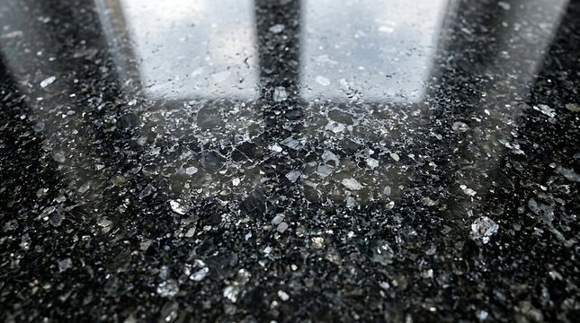 Black galaxy granite countertop close up with window reflection