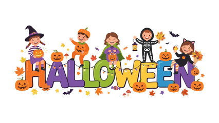 Halloween Word Art with Costumed Kids: Playful children dressed in imaginative Halloween costumes – a witch, pumpkin, fairy, ghost, and cat – surround a colorful HALLOWEEN word art.