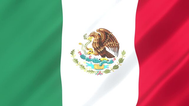 Waving national flag of Mexico featuring vertical green white and red stripes with the central eagle coat of arms for patriotic celebration