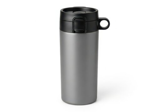 Grey insulated stainless steel travel mug with black lid, stainless