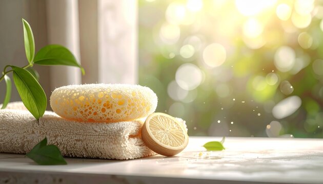 Natural soap bars with green leaves on a windowsill.