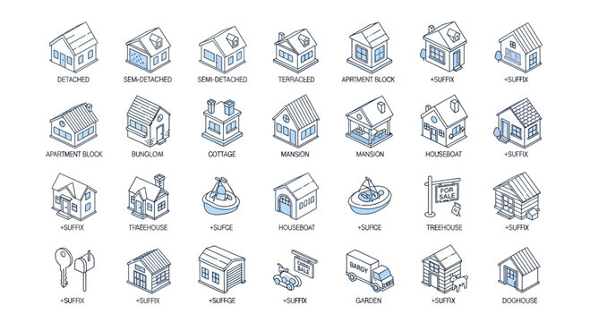 Isometric collection of household icons and domestic objects with clean outline style