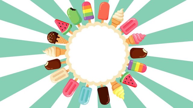 Fun collection of colorful ice cream cones, popsicles, and frozen treats forming a circular frame with copy space on a bright summer sunburst background. Ideal for seasonal promotions