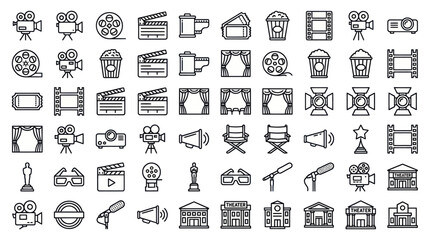 Fototapeta premium Comprehensive cinema movie and entertainment line icons.