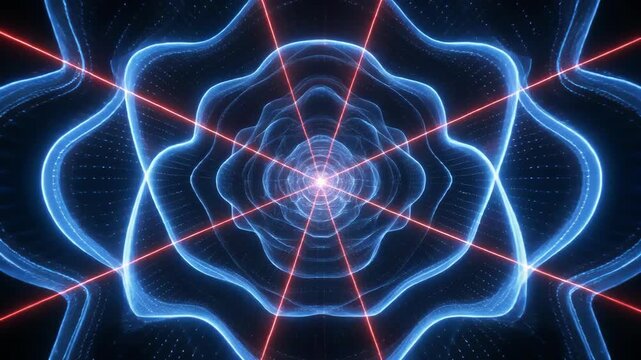 Digital blue shield surrounded by concentric waves blocking red laser beams