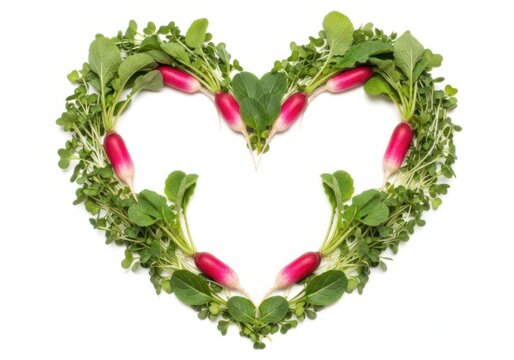 Fresh radishes arranged in a heart shape with green leaves, vegetable