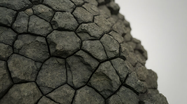 Macro view of cracked basalt lava matrix with interlocking polygonal rock tiles and industrial grey waxy texture