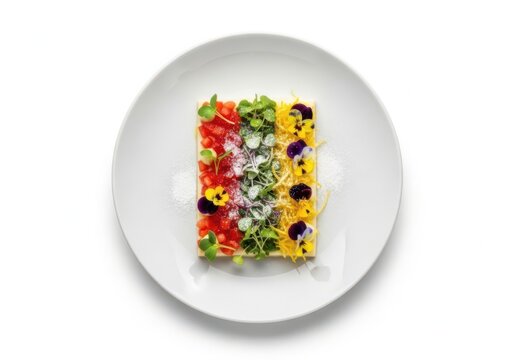 Fine dining vegetable mosaic terrine served on a white plate