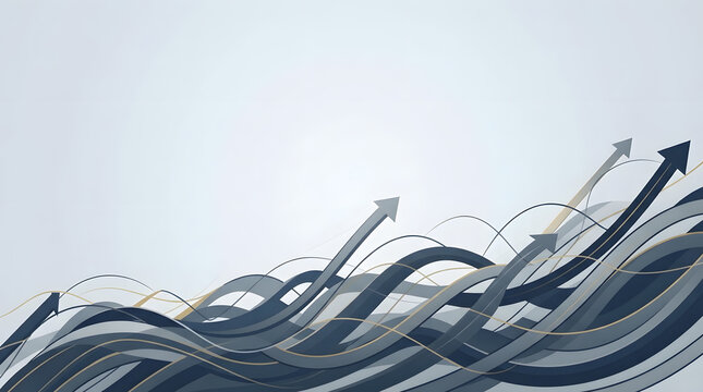 Abstract corporate background with dynamic blue growth arrows and gold curves for financial presentation header with copy space.