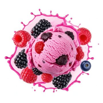 Scoop of berry ice cream with fresh berries and splashes, raspberry