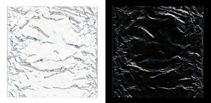 Square cellophane wrap texture with heavily crumpled surface, intense glossy reflections, creased plastic film overlay mockup for album covers, CD sleeves or vinyl packaging. Transparent PNG photo