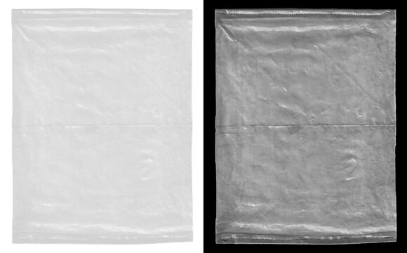 Isolated transparent plastic bag with a crinkled texture; a design mockup overlay simulating cellophane or polyethylene packaging, sealed at the edges. PNG mockup.