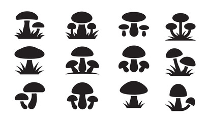 Mushroom icons vector set with grass elements featuring various shapes and sizes. © VANU