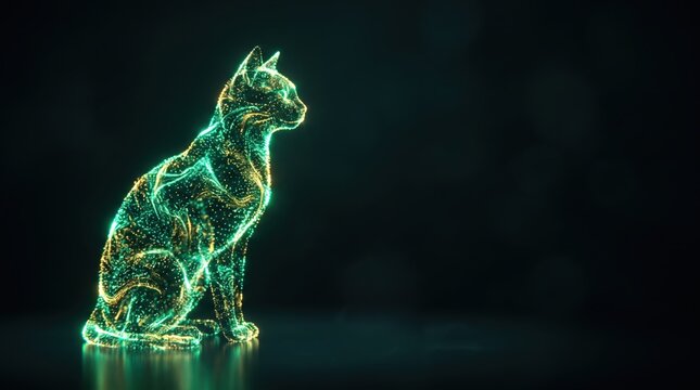 Abstract digital cat sculpture made of glowing particles on a dark background