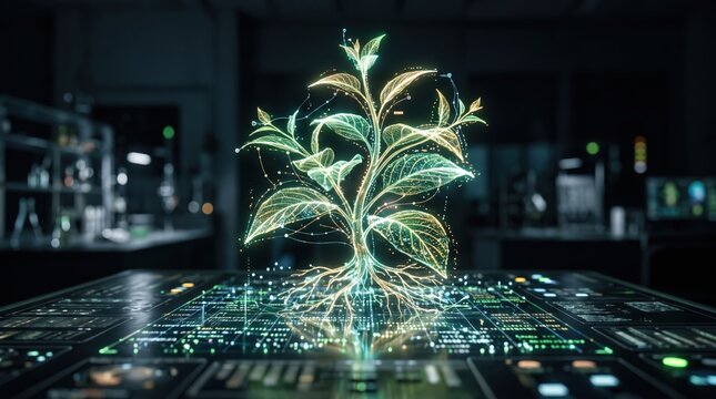Digital plant hologram growing from futuristic data interface in laboratory