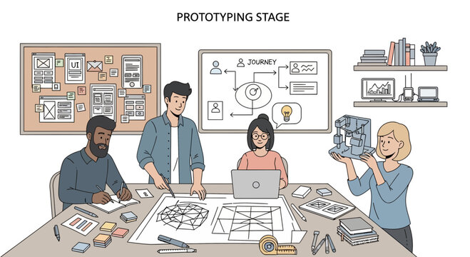 Team collaborating on a prototype design at prototyping stage illustration