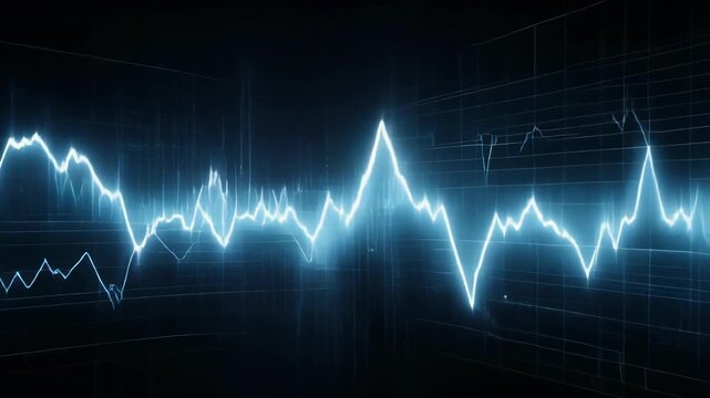 Glowing white fluctuating line graph on a dark background with digital effects