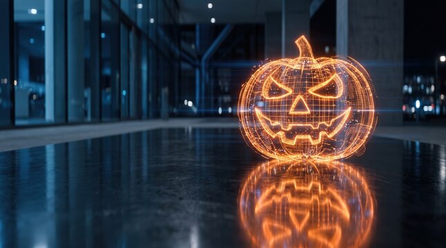 Digital jack-o-lantern glowing with orange light on wet reflective surface at night
