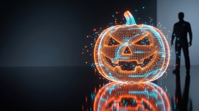 Scary digital jack-o-lantern glowing with neon lights and a silhouette watching