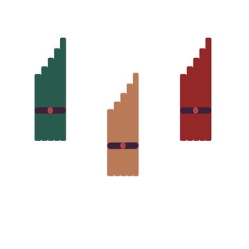 An intricate luxury vector collection of three traditional pan flute khaen musical instruments featuring forest green, deep red, and warm bamboo brown colors with detailed center traditional motifs. I