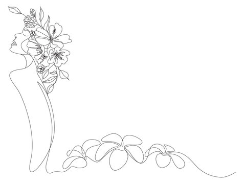 Continuous line art of a woman's profile with beautiful flowers in her hair.