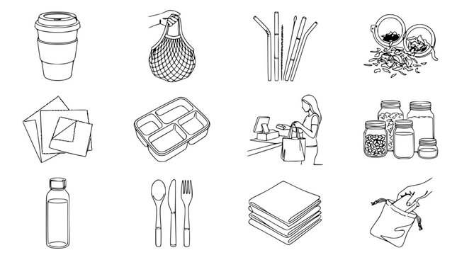 Eco-friendly lifestyle icons: reusable items for sustainable living, zero waste