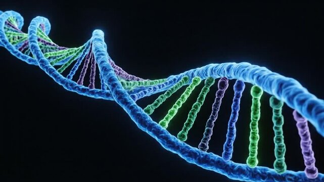 Detailed close-up animation of a vibrant glowing DNA double helix structure against a stark black background