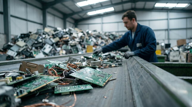 E-waste sorting electronic components in industrial recycling facility for sustainable resource management.