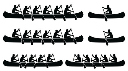 Black silhouettes of rowing teams and single paddlers in canoes © Tulippp