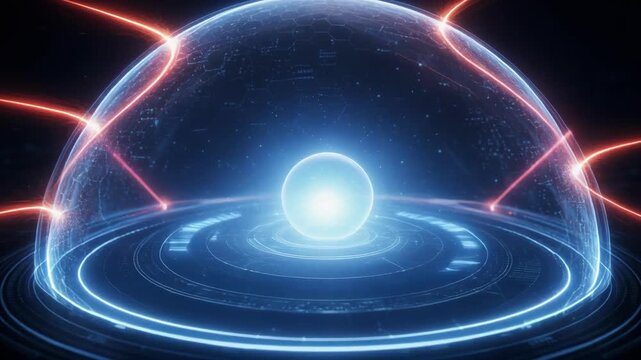 Futuristic glowing dome with red energy beams and digital hexagonal patterns