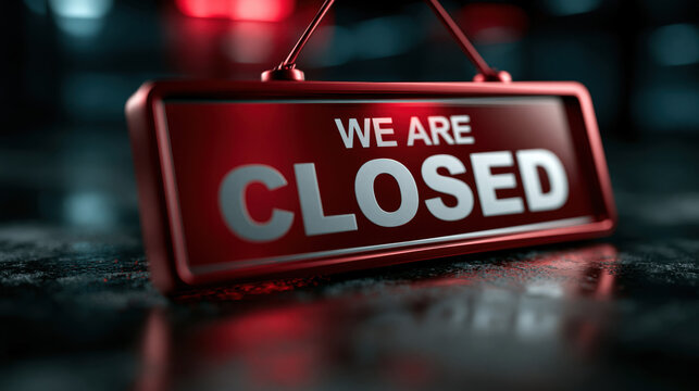 Closed sign business closed hanging sign red sign storefront sign low angle dark background empty business closure notice retail closure