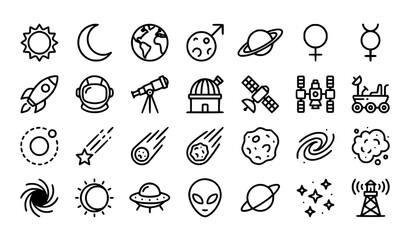 Minimal Space Astronomy Outline Icon Pack with Celestial Planets Rockets Satellites and Cosmic Exploration Symbols Vector Collection Isolated on White Background © MdHacib
