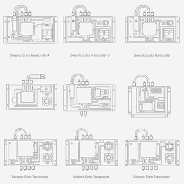 Seismic Echo Transcoder Set: Technical Line Art Illustrations