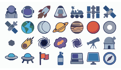 Astronaut and Space Galaxy Icon Pack Featuring Rocket Planet Satellite Moon and Cosmic Adventure Symbols Flat Vector Collection on White Background © MdHacib
