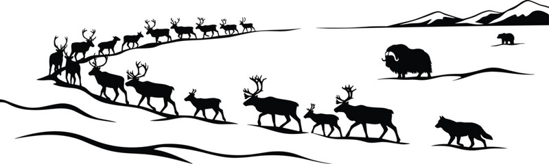 Arctic wildlife silhouettes collection with reindeer herd musk ox wolf and bear in mountain landscape © Smith