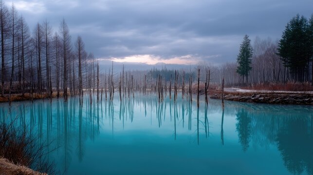 Misty lake at dawn with reflections of trees and fog in serene landscape with still water and serene ambiance